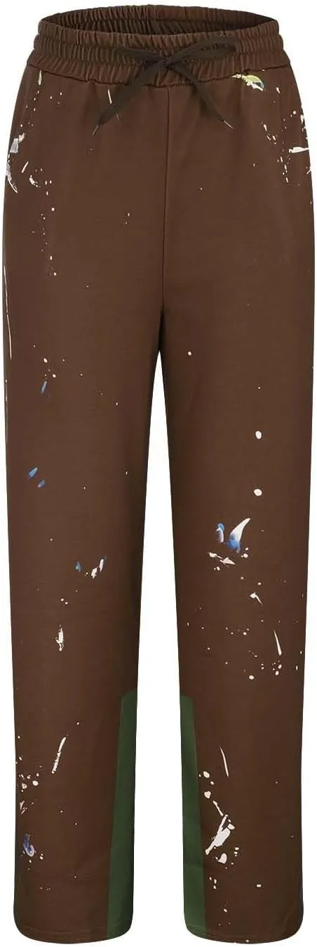 Mens Hip Hop Stacked Sweatpants Drawstring All Over Print Flared Bell Bottom Pants Y2K Patchwork Athletic Track Pants