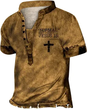 Men's Hipster Distressed T-Shirts Novelty Logo Banded Collar V Neck Short Sleeve Casual Button Up Front Placket Henley Shirts