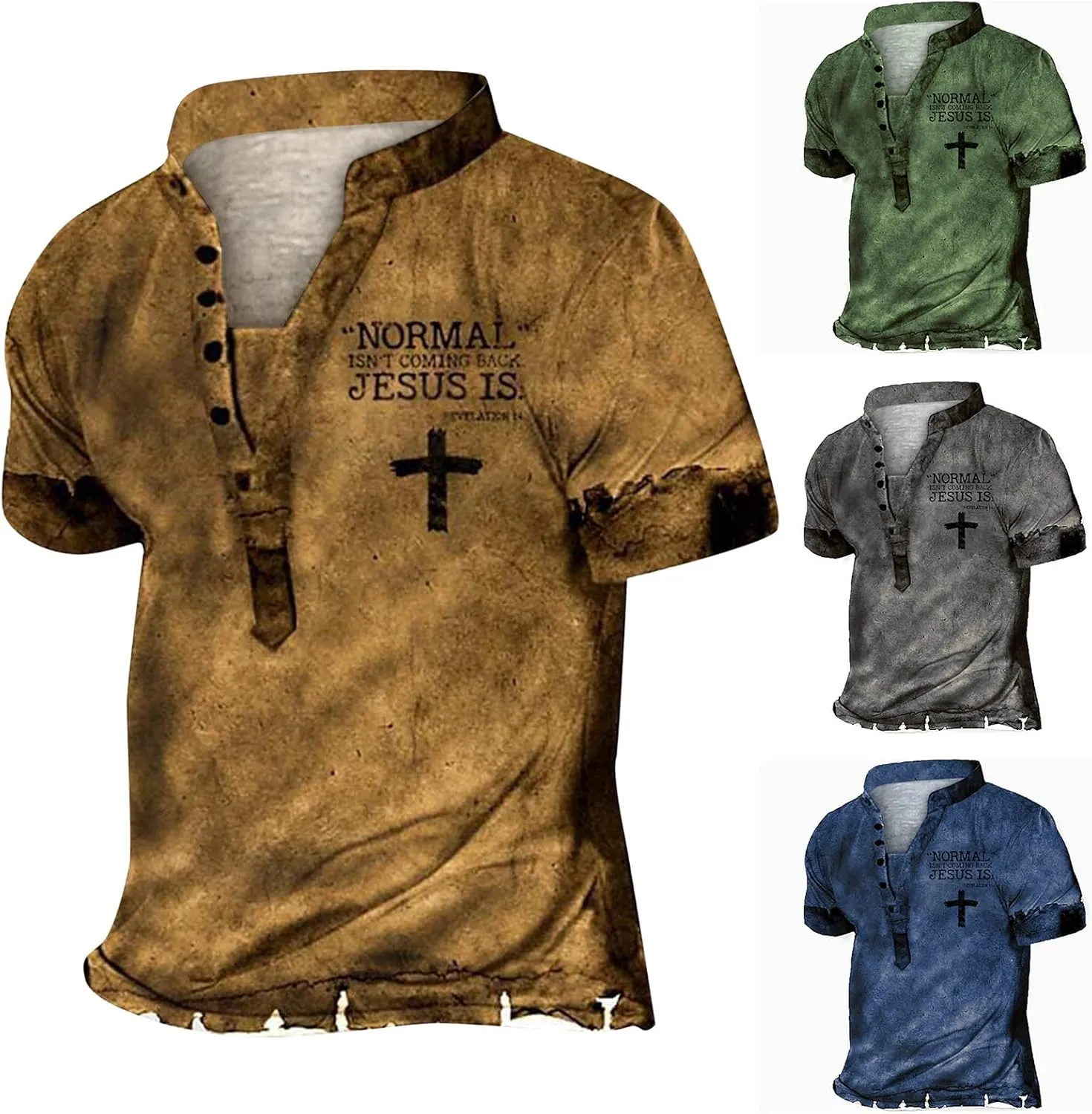 Men's Hipster Distressed T-Shirts Novelty Logo Banded Collar V Neck Short Sleeve Casual Button Up Front Placket Henley Shirts
