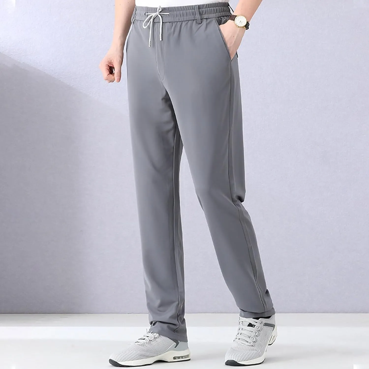 Men's Ice Silk Bottom Sweatpants Baggy Pants Athletic Cozy with Pockets Trousers Joggers High Stitched Crease