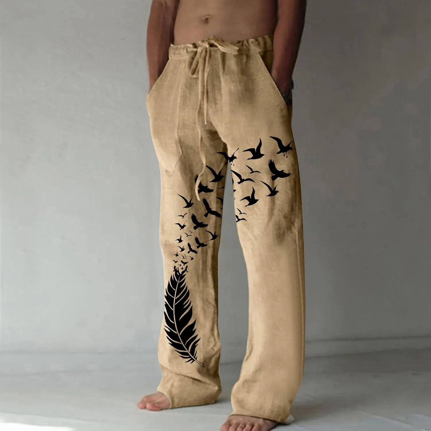 Men's Japanese Wide Leg Lounge Pants Casual Baggy Drawstring Elastic Waist Yoga Beach Pants Graphic Print Sweatpants