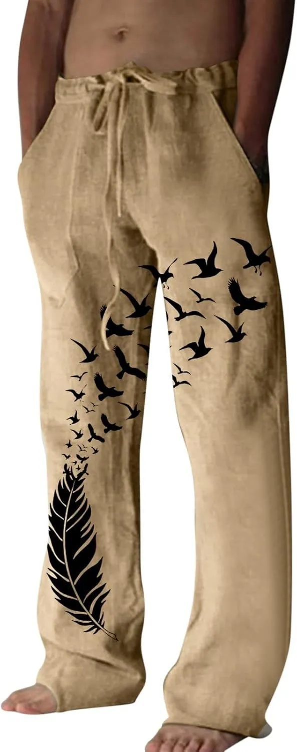 Men's Japanese Wide Leg Lounge Pants Casual Baggy Drawstring Elastic Waist Yoga Beach Pants Graphic Print Sweatpants