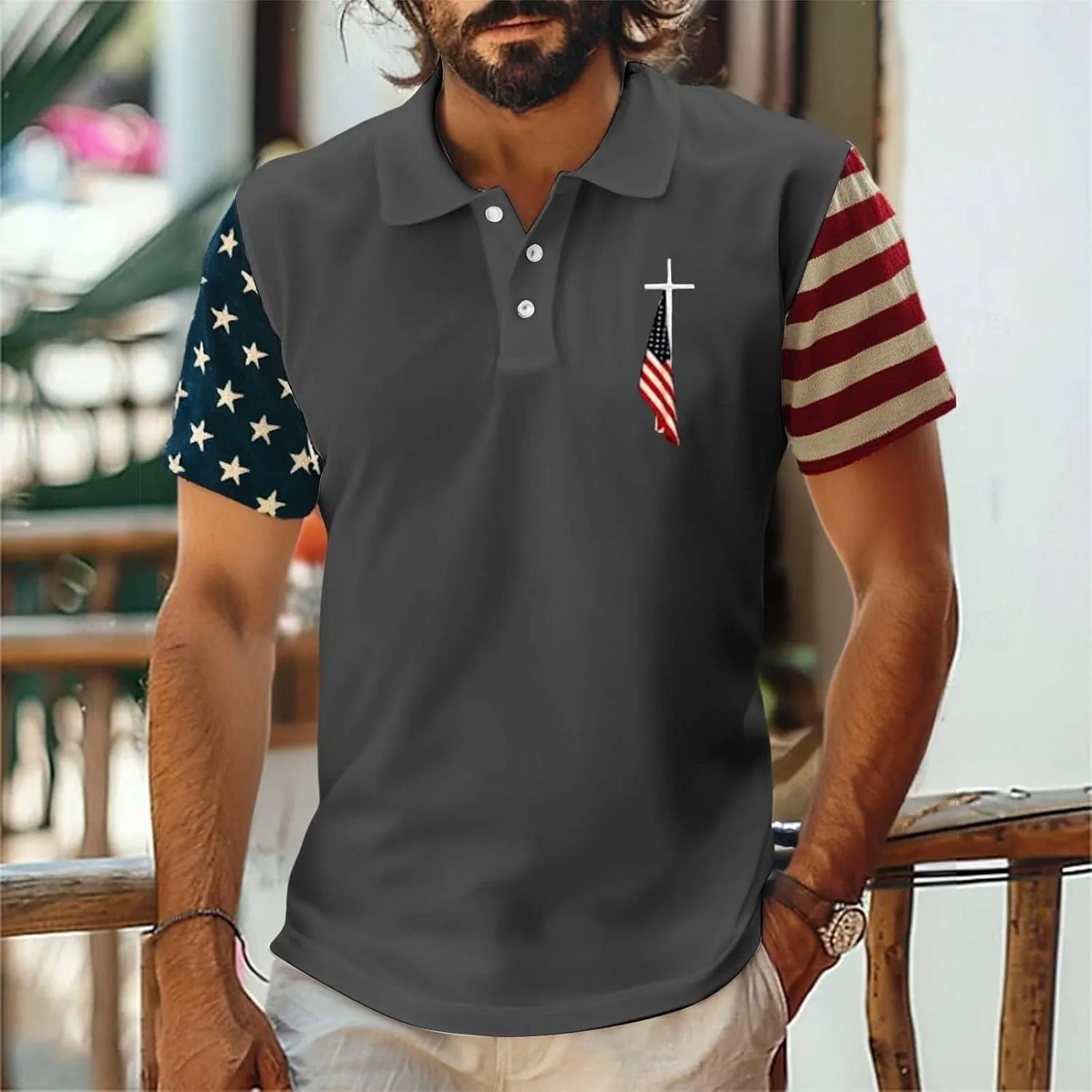 Men's July 4th Independence Day Shirts Short Sleeve Polo Blouse Casual Buttons Collared Solid T Shirts