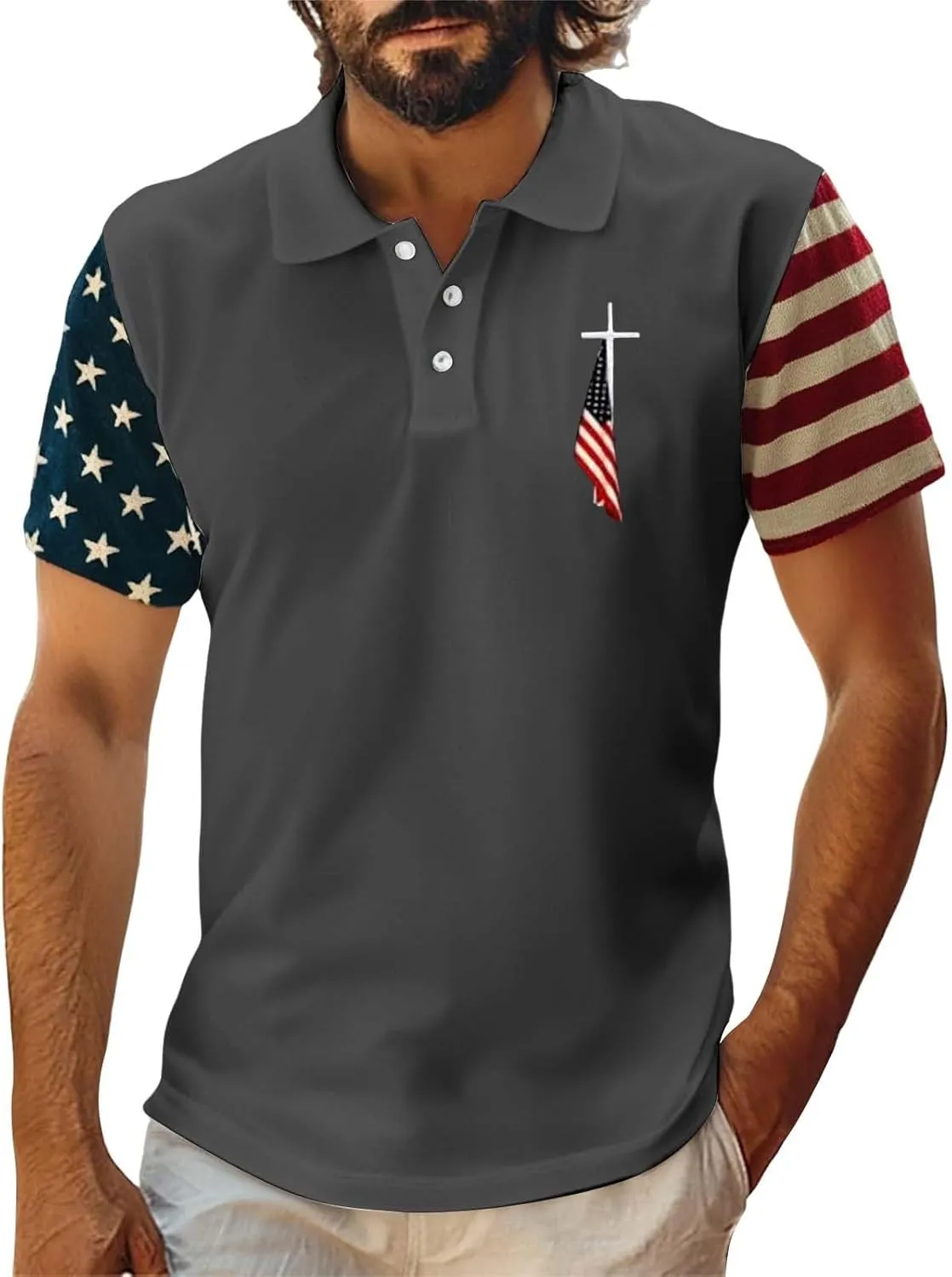 Men's July 4th Independence Day Shirts Short Sleeve Polo Blouse Casual Buttons Collared Solid T Shirts