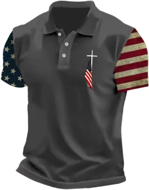 Men's July 4th Independence Day Shirts Short Sleeve Polo Blouse Casual Buttons Collared Solid T Shirts