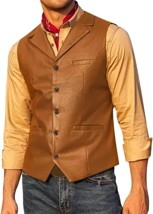 Men's Leather Suit Vest Casual Slim Fit Western Cowboy Suit Vest Jacket Club Style Motorcycle Protective Coat Vest