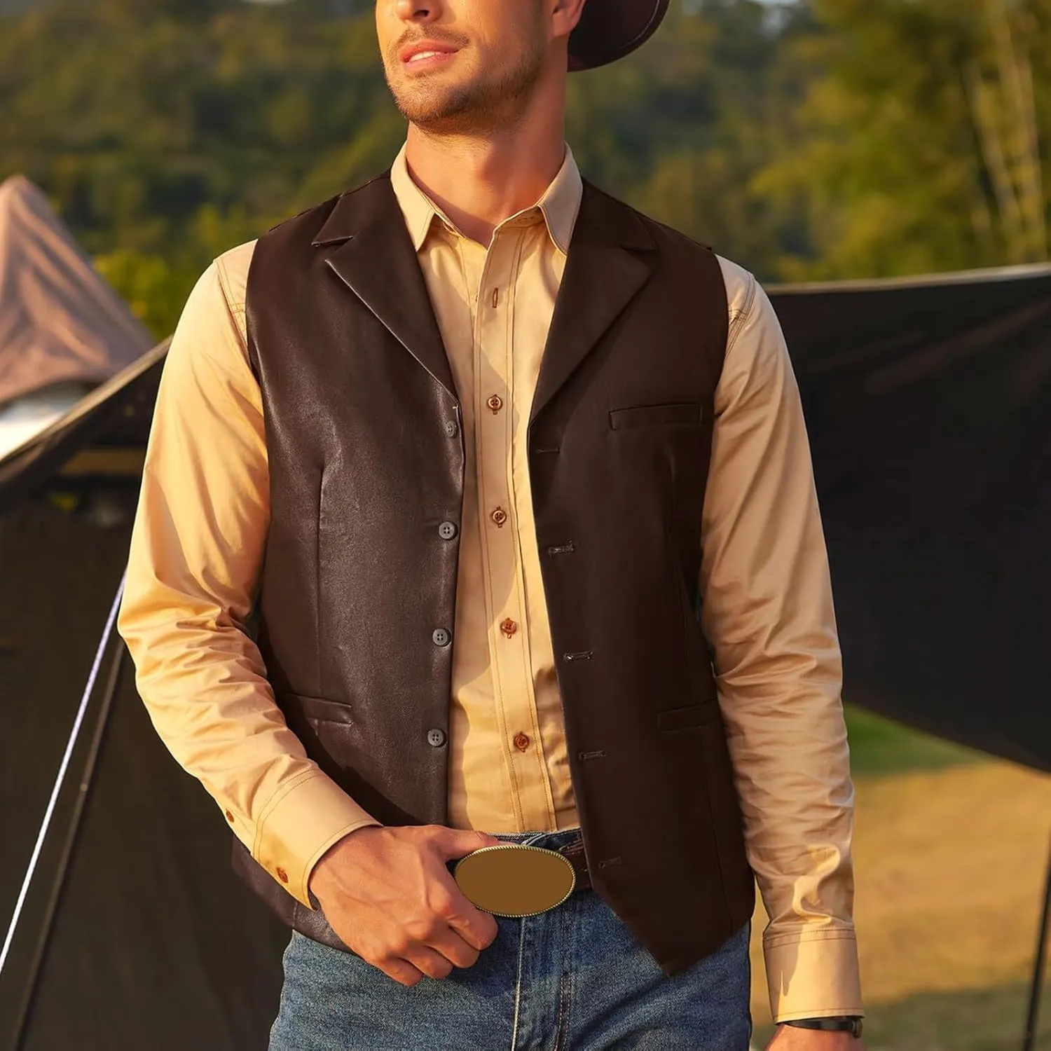 Men's Leather Suit Vest Casual Slim Fit Western Cowboy Suit Vest Jacket Club Style Motorcycle Protective Coat Vest