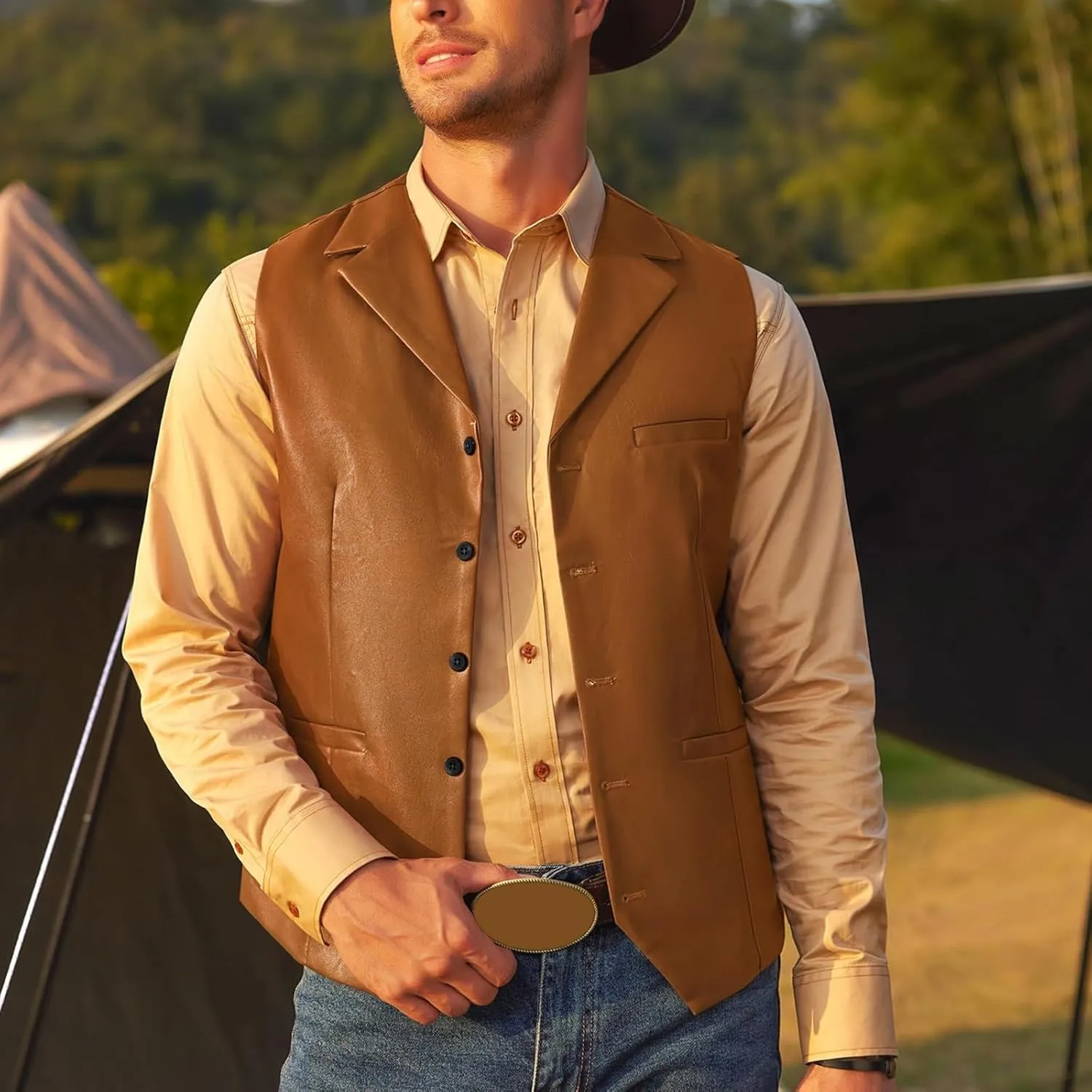 Men's Leather Suit Vest Casual Slim Fit Western Cowboy Suit Vest Jacket Club Style Motorcycle Protective Coat Vest