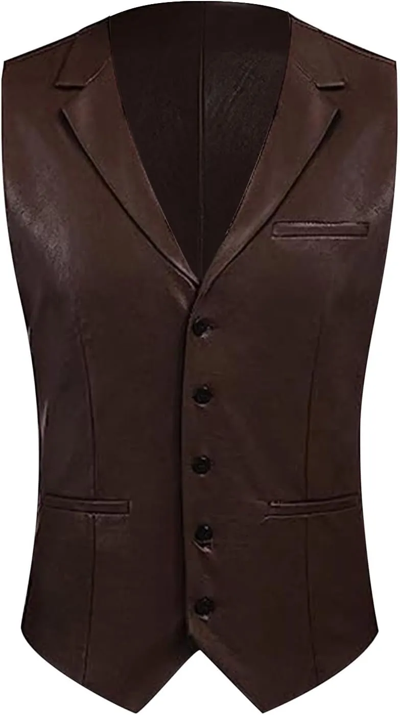 Men's Leather Suit Vest Casual Slim Fit Western Cowboy Suit Vest Jacket Club Style Motorcycle Protective Coat Vest