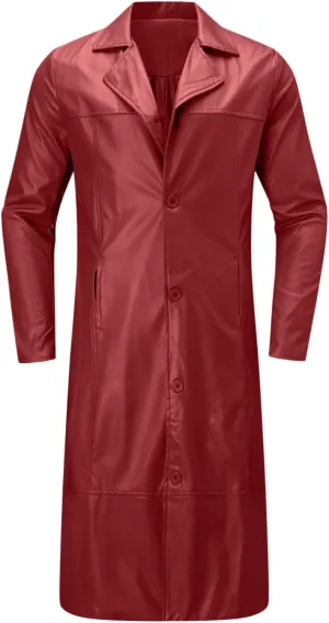 Mens Leather Trench Coat Full Length Vintage Classic Faux Leather Long Leather Motorcycle Jacket Overcoat Windbreaker