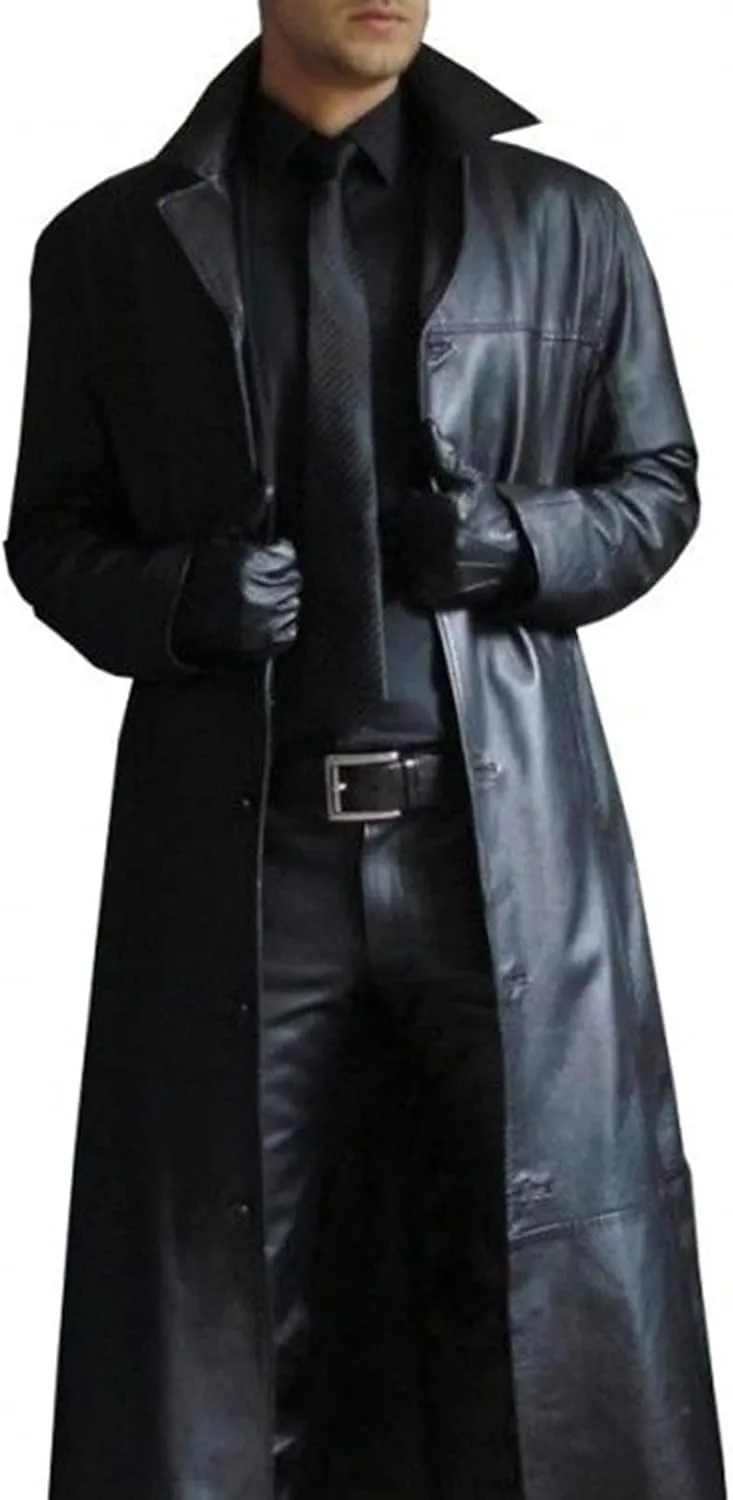 Mens Leather Trench Coat Full Length Vintage Classic Faux Leather Long Leather Motorcycle Jacket Overcoat Windbreaker