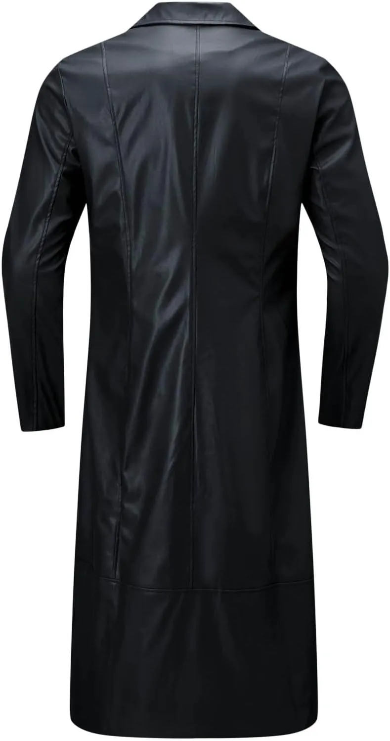 Mens Leather Trench Coat Full Length Vintage Classic Faux Leather Long Leather Motorcycle Jacket Overcoat Windbreaker