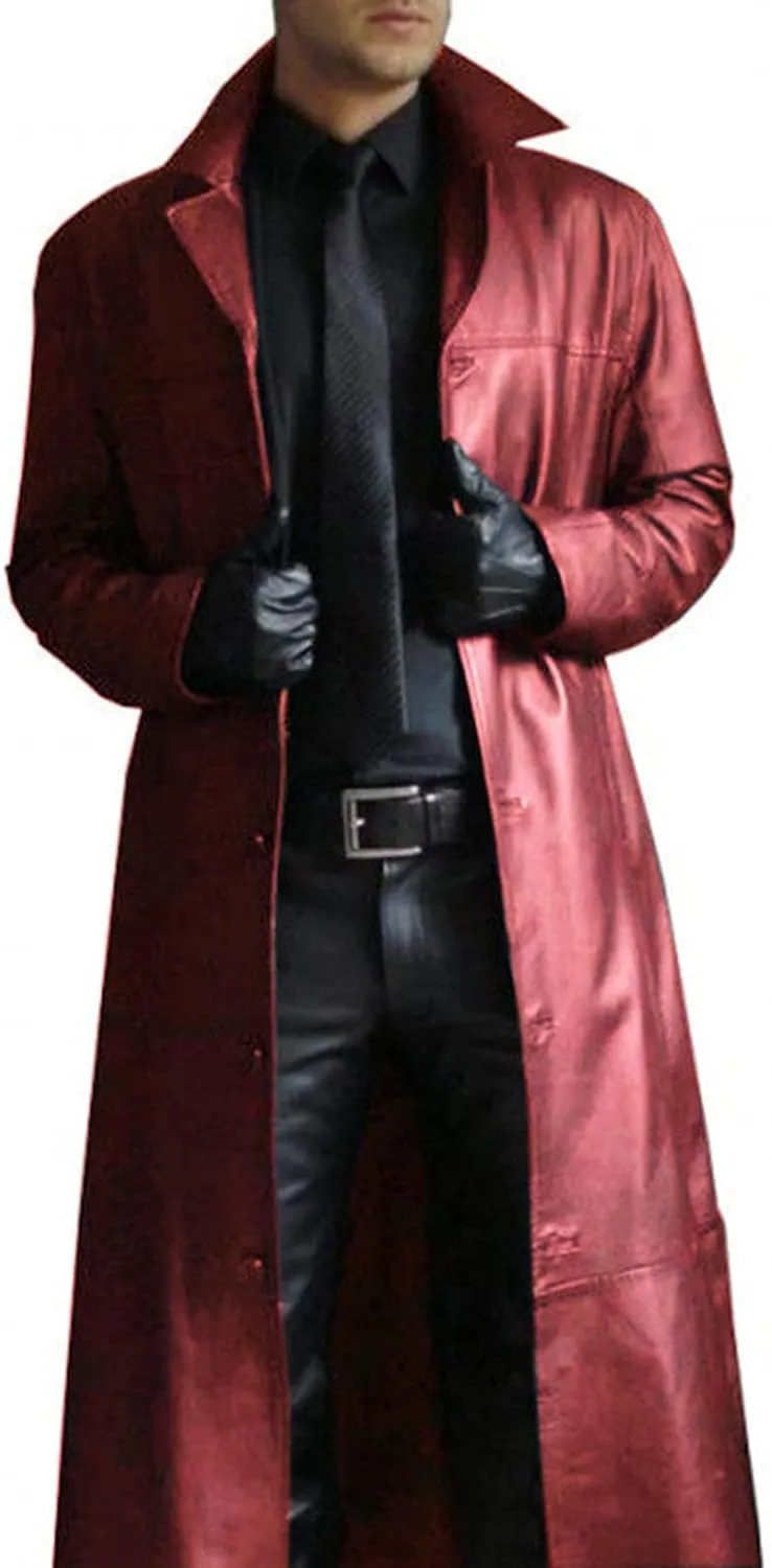 Mens Leather Trench Coat Full Length Vintage Classic Faux Leather Long Leather Motorcycle Jacket Overcoat Windbreaker