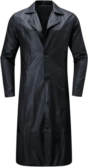 Mens Leather Trench Coat Full Length Vintage Classic Faux Leather Long Leather Motorcycle Jacket Overcoat Windbreaker