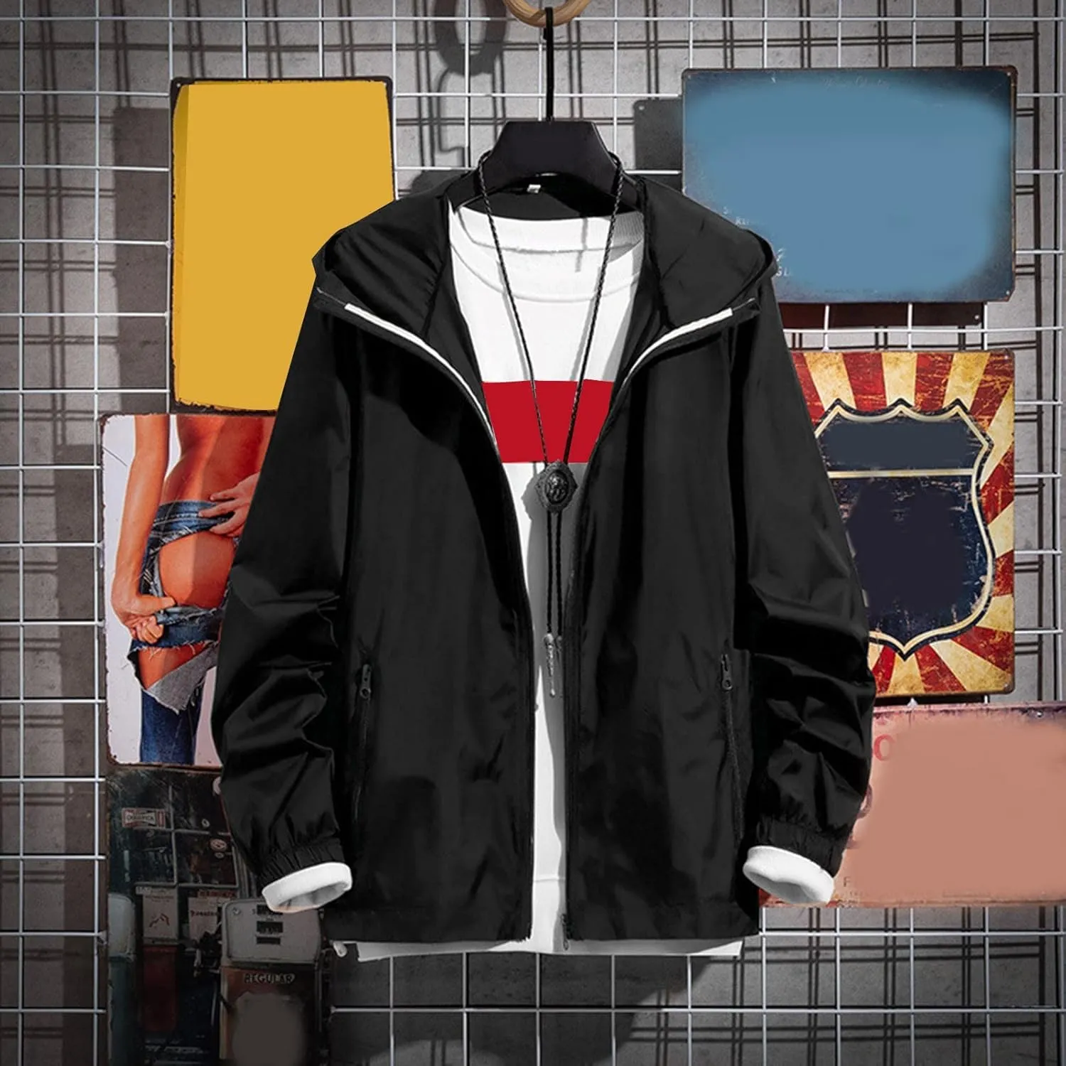 Mens Lightweight Windbreaker Hooded Jackets Casual Zip Up Waterproof Raincoat Jacket with Hood Outdoor Hiking Cycling