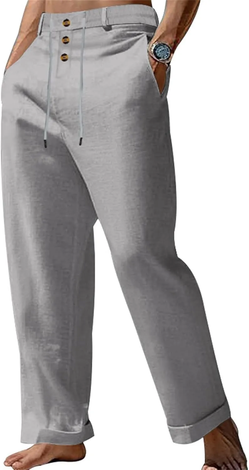 Men's Linen Drawstring Pants Lightweight Flat Front Button Summer Pant Regular Fit Beach Office Business Trousers