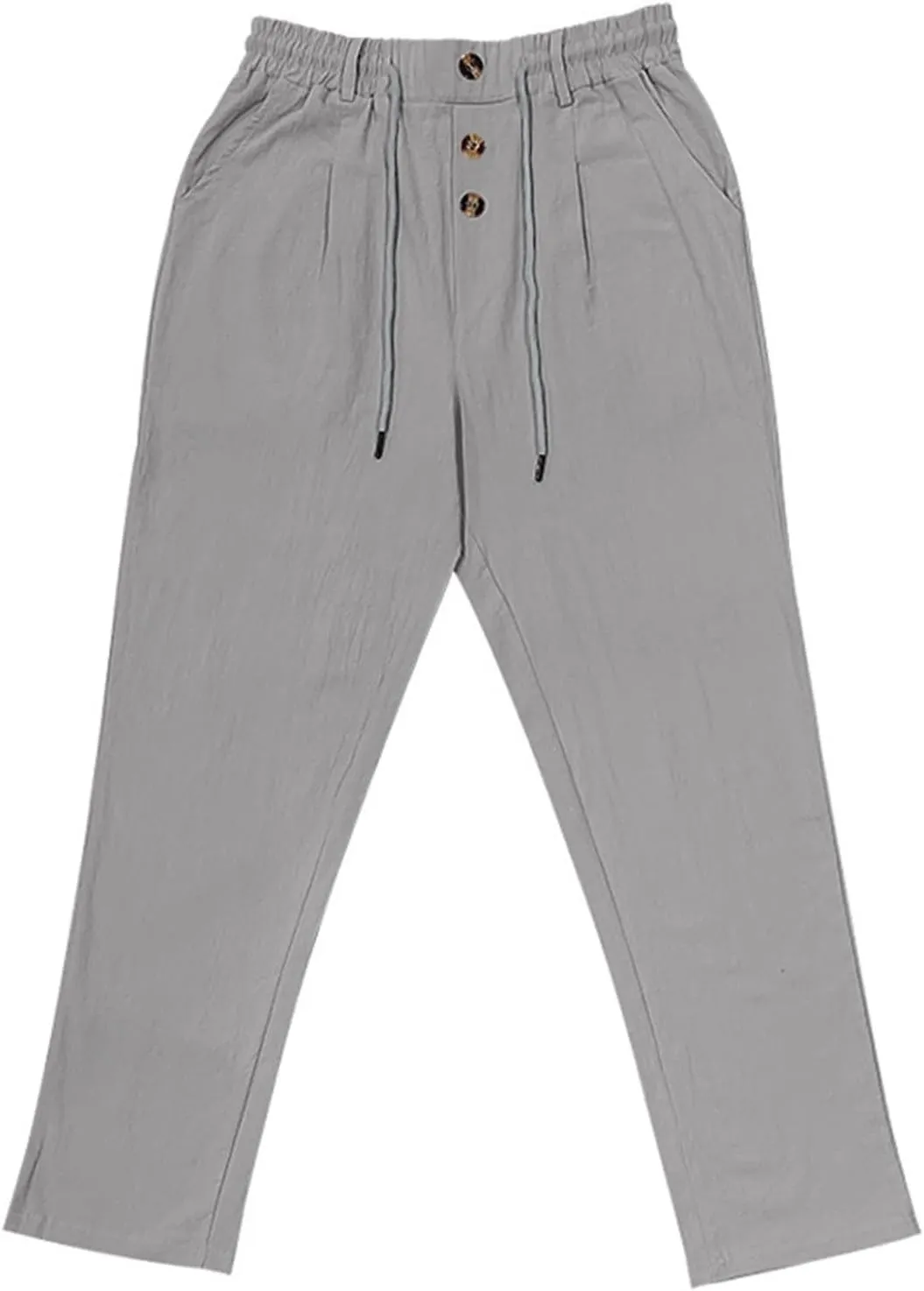 Men's Linen Drawstring Pants Lightweight Flat Front Button Summer Pant Regular Fit Beach Office Business Trousers