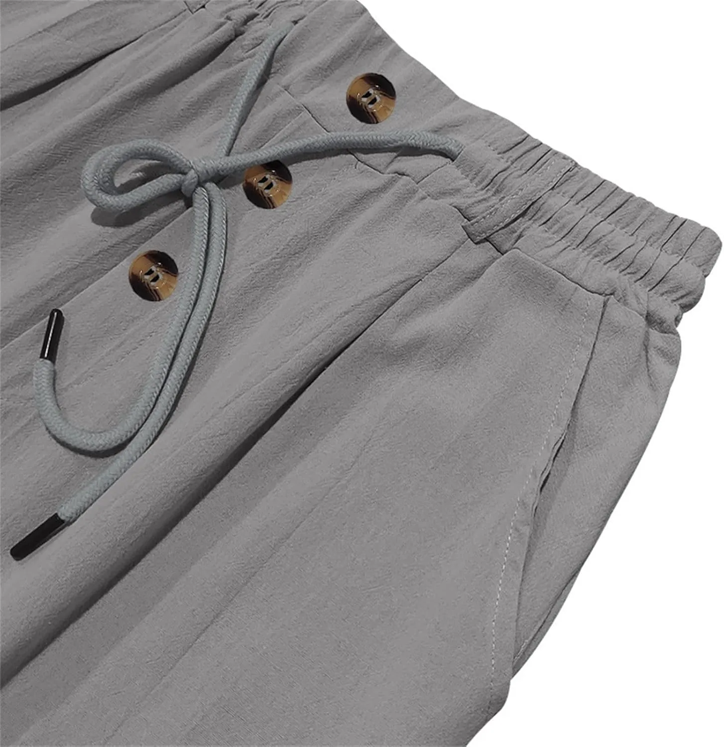 Men's Linen Drawstring Pants Lightweight Flat Front Button Summer Pant Regular Fit Beach Office Business Trousers