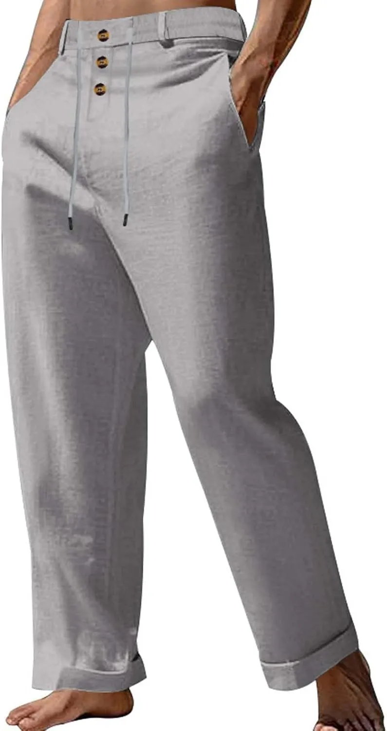 Men's Linen Drawstring Pants Lightweight Flat Front Button Summer Pant Regular Fit Beach Office Business Trousers