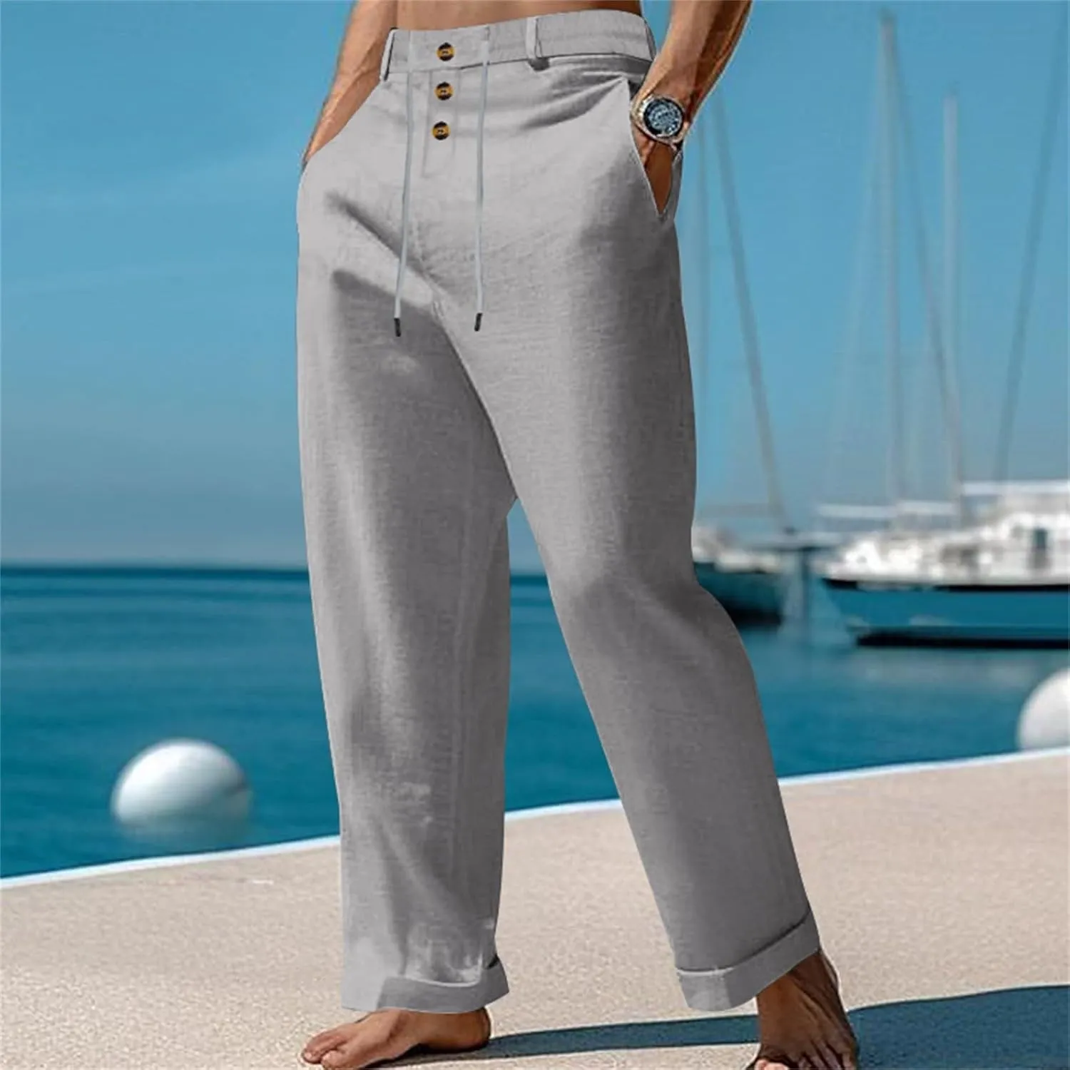 Men's Linen Drawstring Pants Lightweight Flat Front Button Summer Pant Regular Fit Beach Office Business Trousers