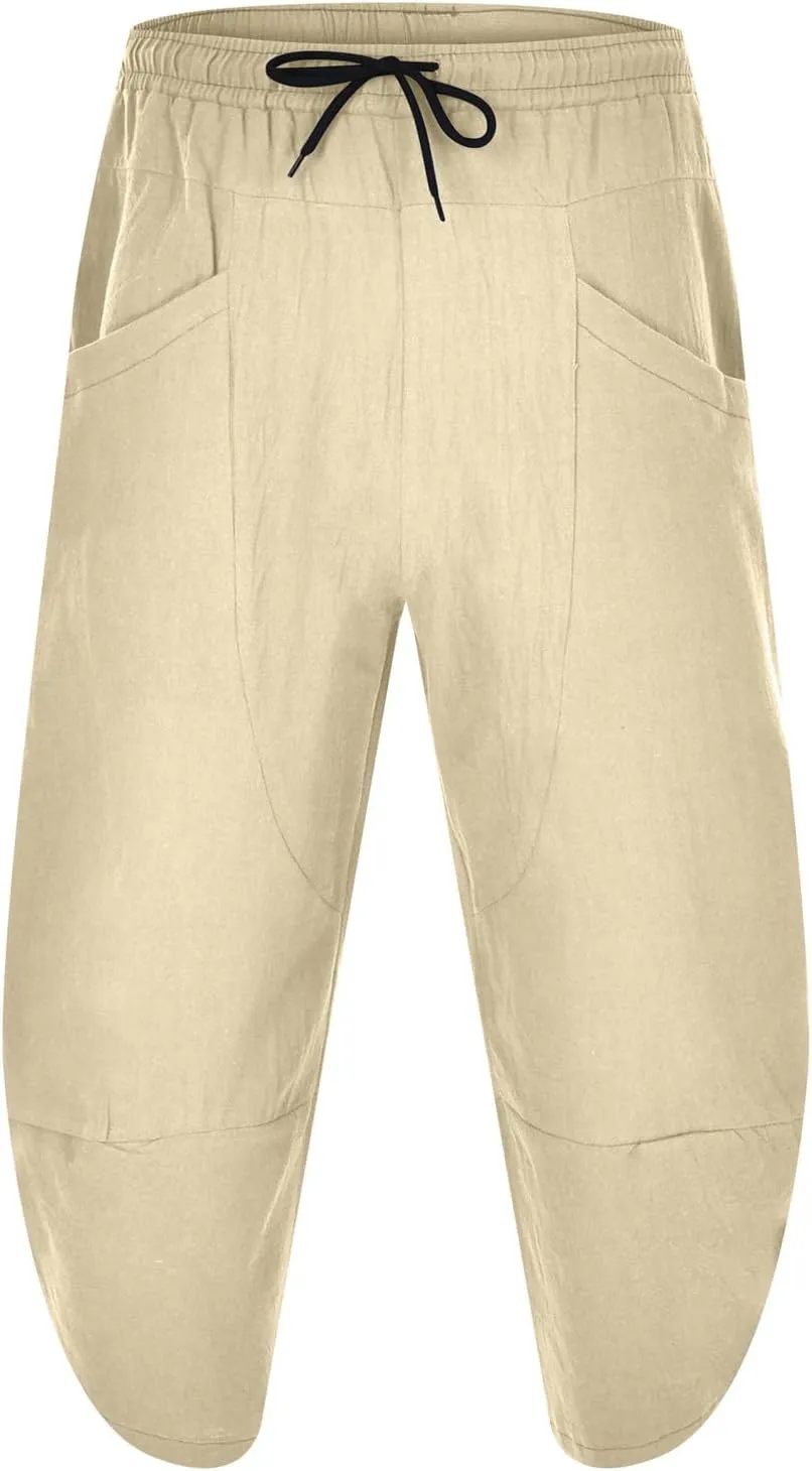 Men's Linen Harlan Lightweight Elastic Waist Wide Leg Casual Loose Beach Chinos Pants Men