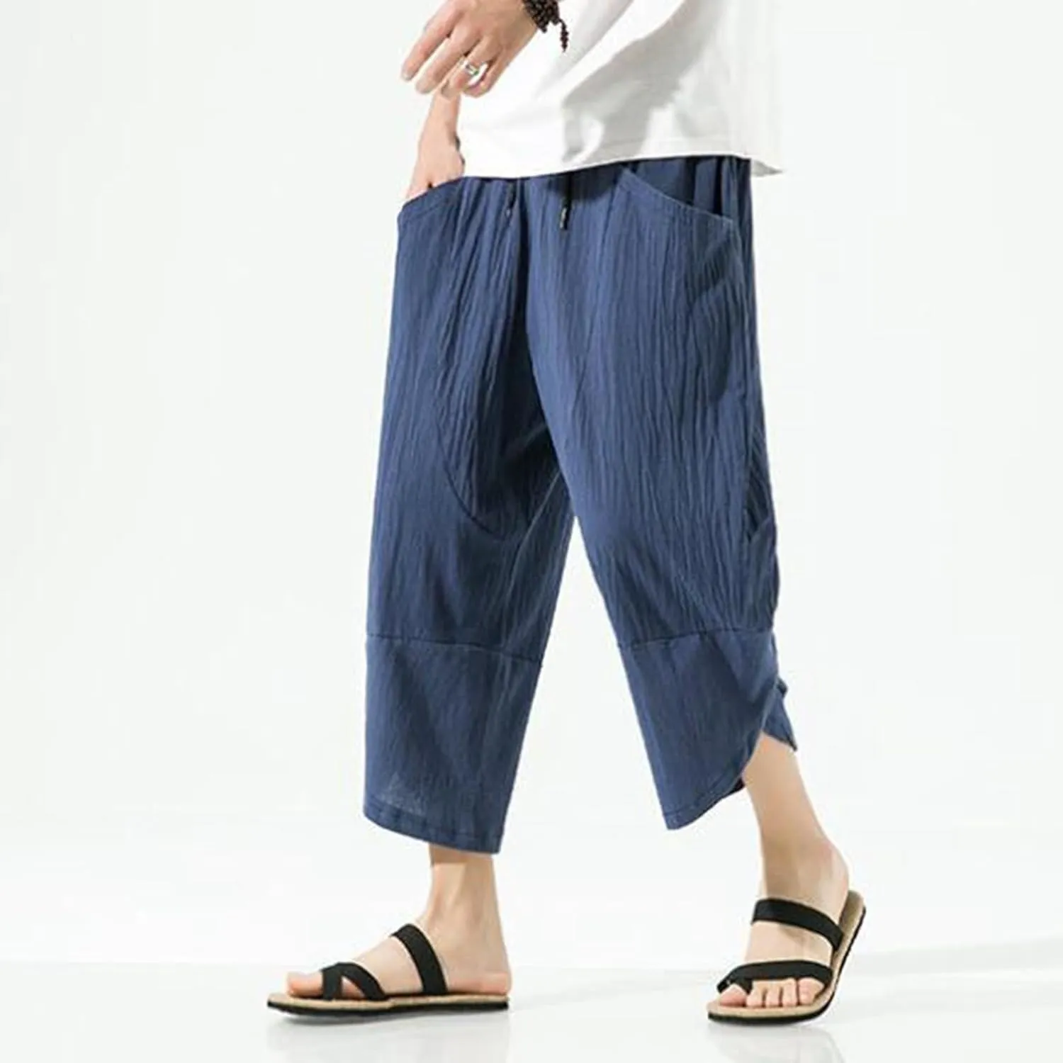 Men's Linen Harlan Lightweight Elastic Waist Wide Leg Casual Loose Beach Chinos Pants Men