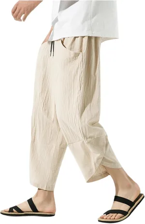 Men's Linen Harlan Lightweight Elastic Waist Wide Leg Casual Loose Beach Chinos Pants Men