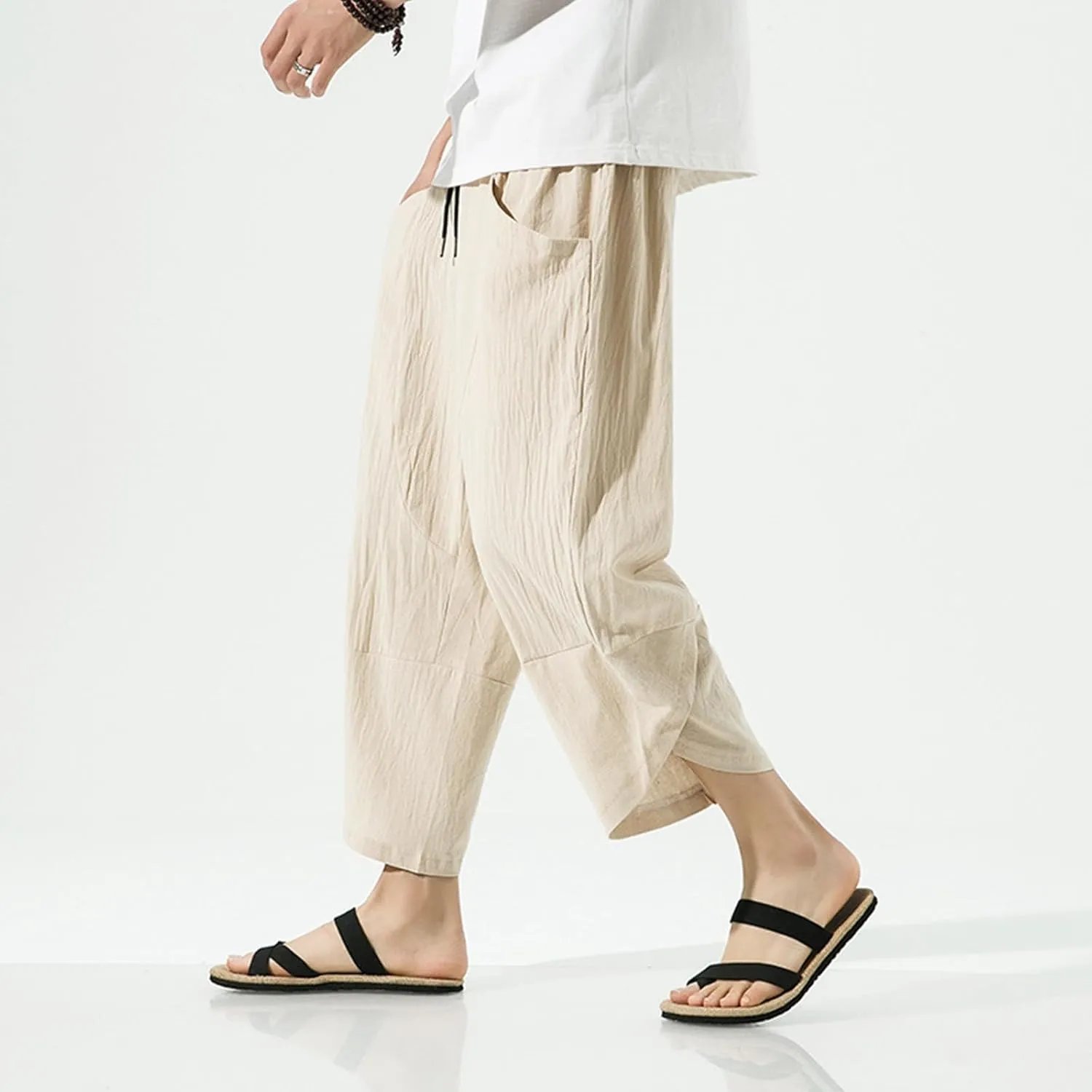 Men's Linen Harlan Lightweight Elastic Waist Wide Leg Casual Loose Beach Chinos Pants Men