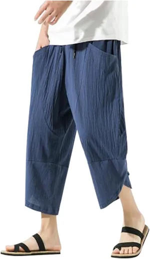 Men's Linen Harlan Lightweight Elastic Waist Wide Leg Casual Loose Beach Chinos Pants Men