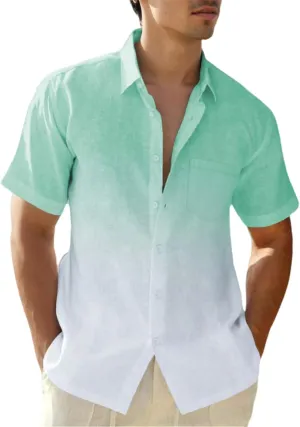 Mens Linen Shirts Gradient Short Sleeve Casual Shirts Button Down Shirt Beach Summer Wedding Vacation Shirt for Men