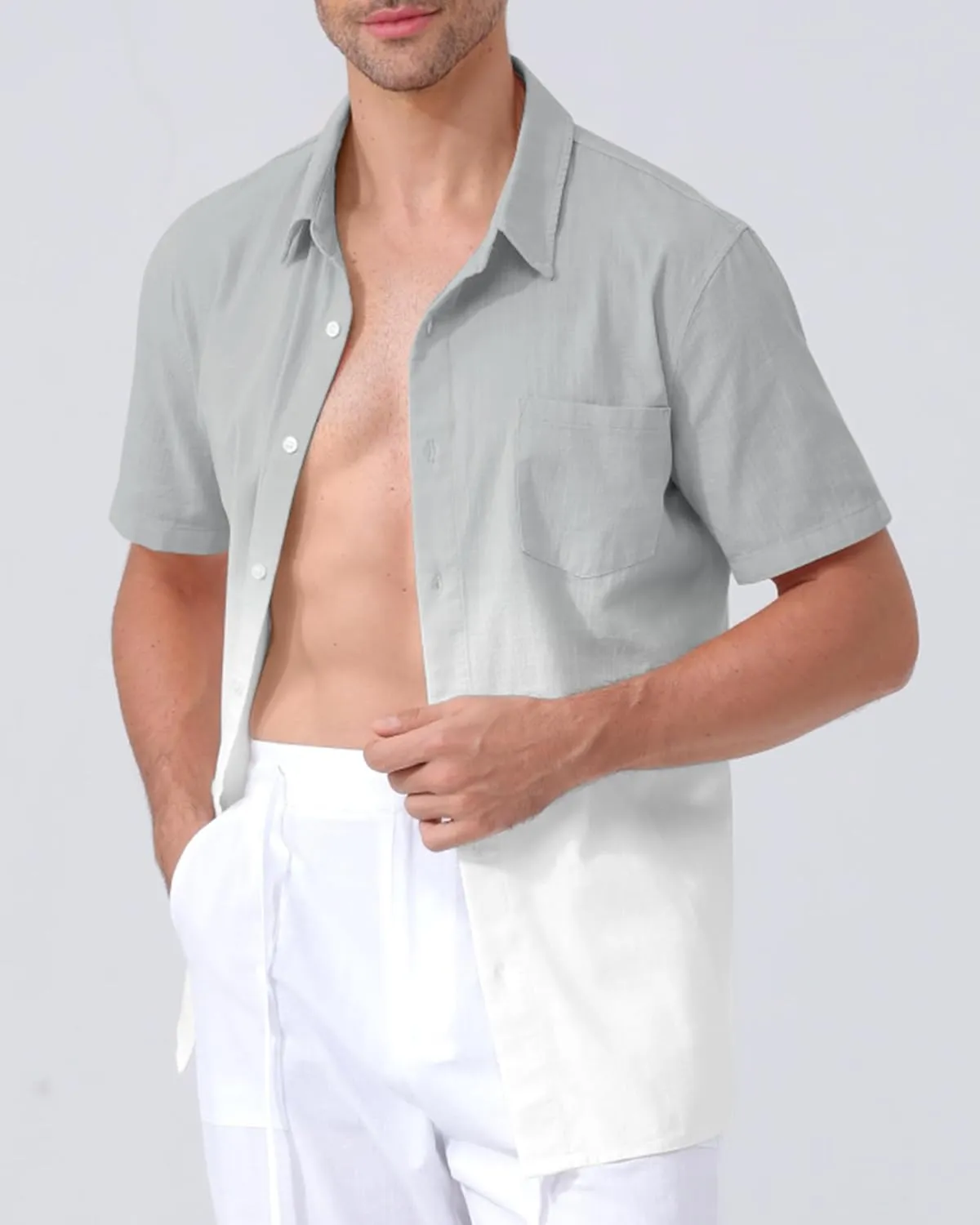 Mens Linen Shirts Gradient Short Sleeve Casual Shirts Button Down Shirt Beach Summer Wedding Vacation Shirt for Men