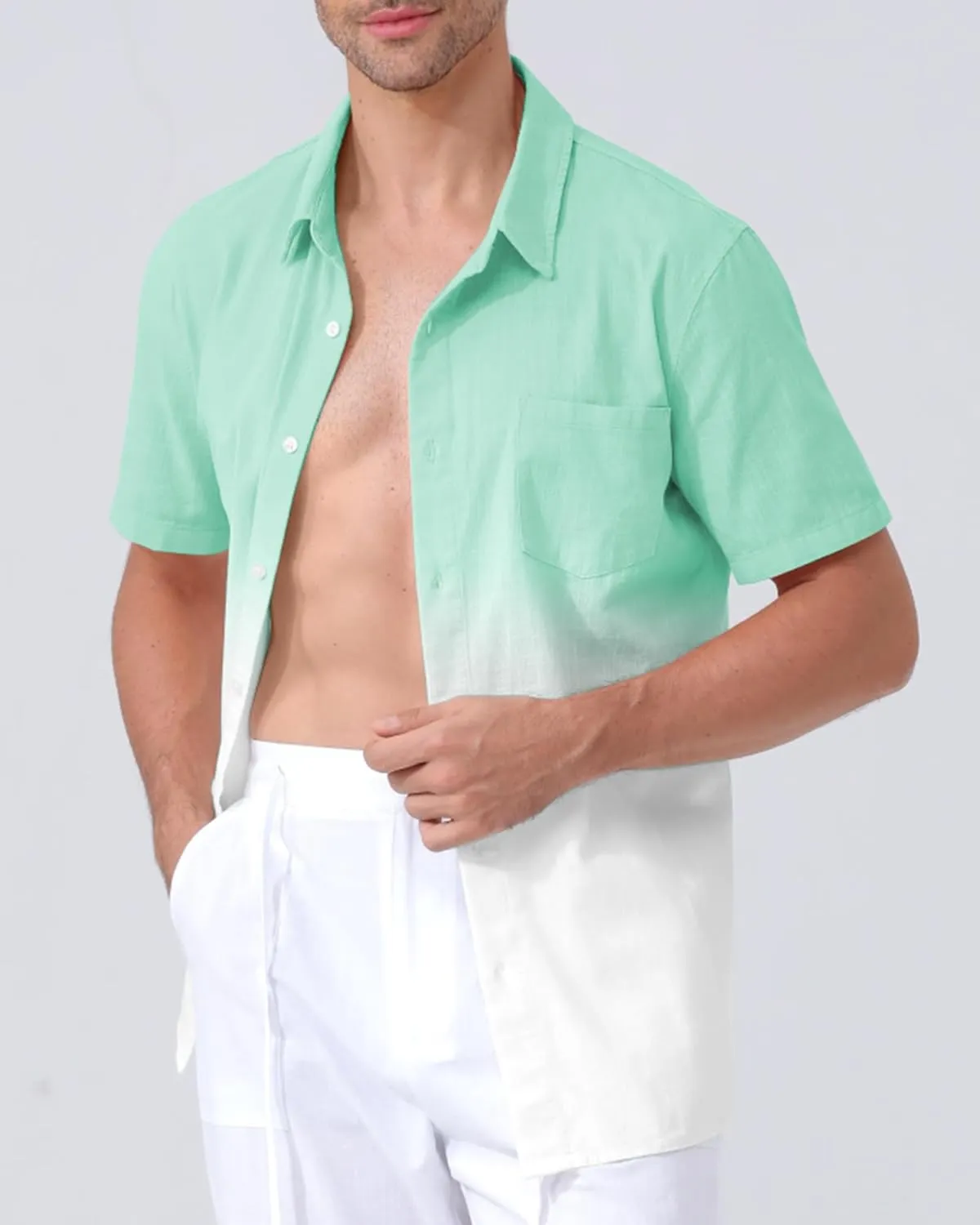 Mens Linen Shirts Gradient Short Sleeve Casual Shirts Button Down Shirt Beach Summer Wedding Vacation Shirt for Men
