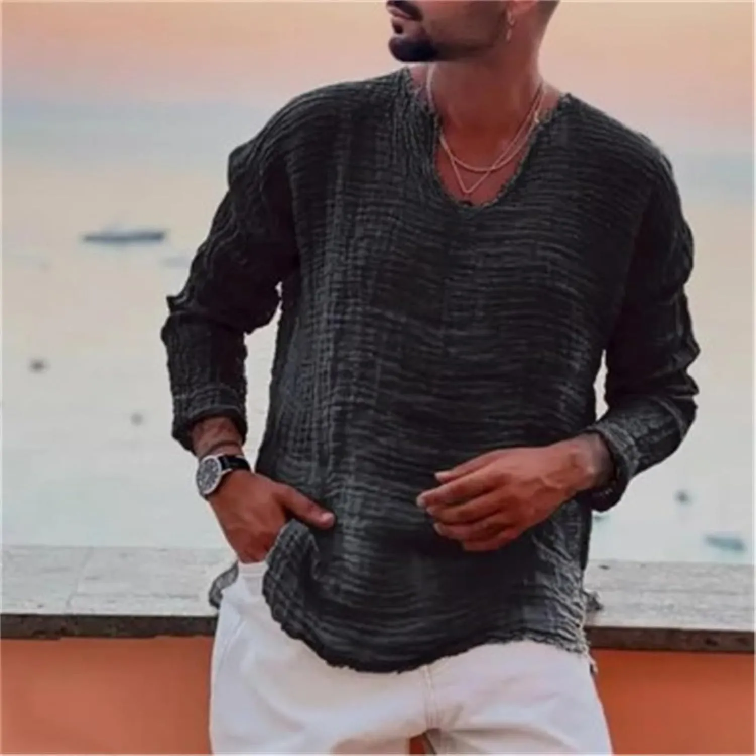 Mens Linen T-Shirt Casual Loose V-Neck Washed Long Sleeve Shirt Frayed Raw Edges Lightweight Beach Yoga Top
