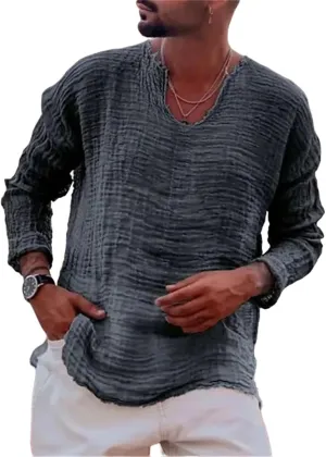 Mens Linen T-Shirt Casual Loose V-Neck Washed Long Sleeve Shirt Frayed Raw Edges Lightweight Beach Yoga Top