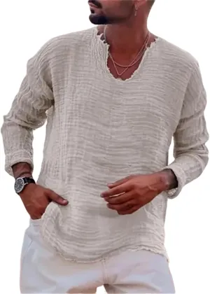 Mens Linen T-Shirt Casual Loose V-Neck Washed Long Sleeve Shirt Frayed Raw Edges Lightweight Beach Yoga Top