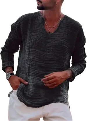 Mens Linen T-Shirt Casual Loose V-Neck Washed Long Sleeve Shirt Frayed Raw Edges Lightweight Beach Yoga Top