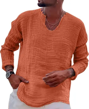 Mens Linen T-Shirt Casual Loose V-Neck Washed Long Sleeve Shirt Frayed Raw Edges Lightweight Beach Yoga Top