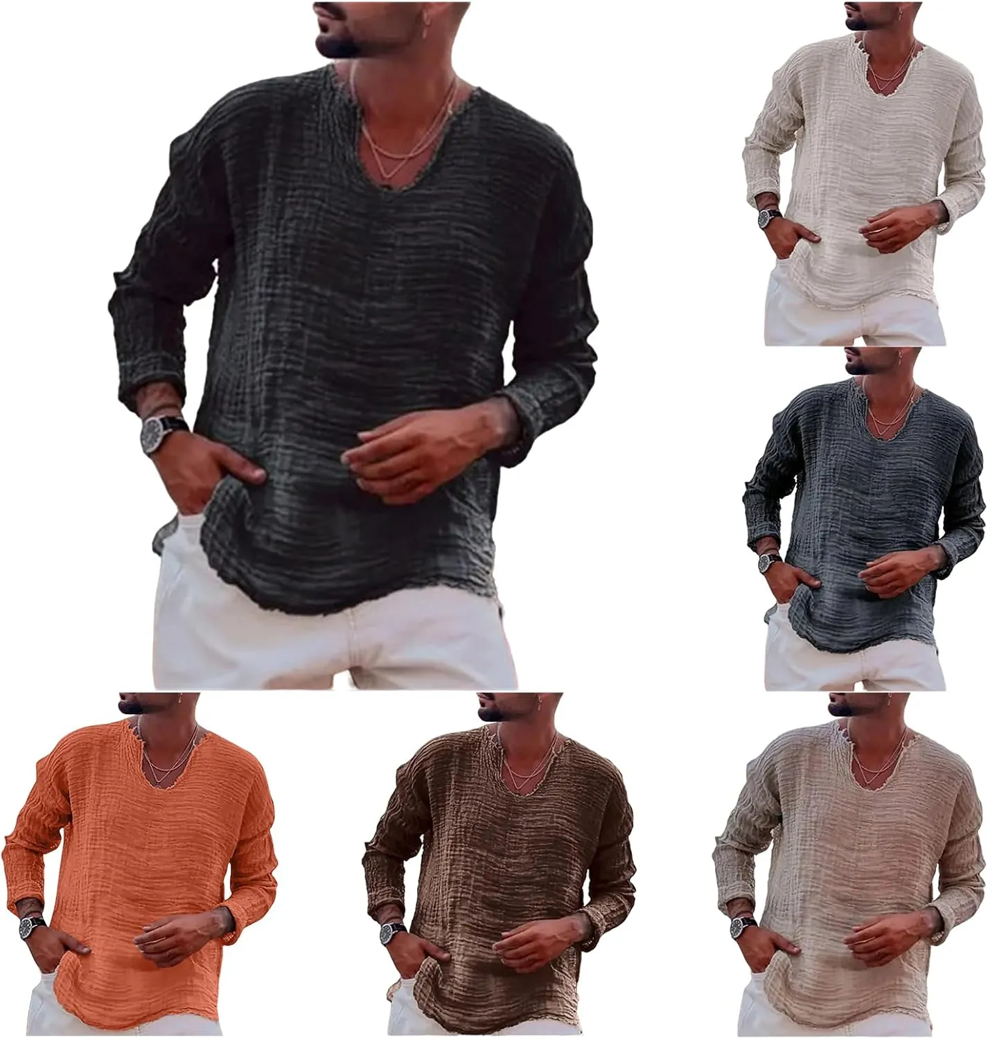 Mens Linen T-Shirt Casual Loose V-Neck Washed Long Sleeve Shirt Frayed Raw Edges Lightweight Beach Yoga Top
