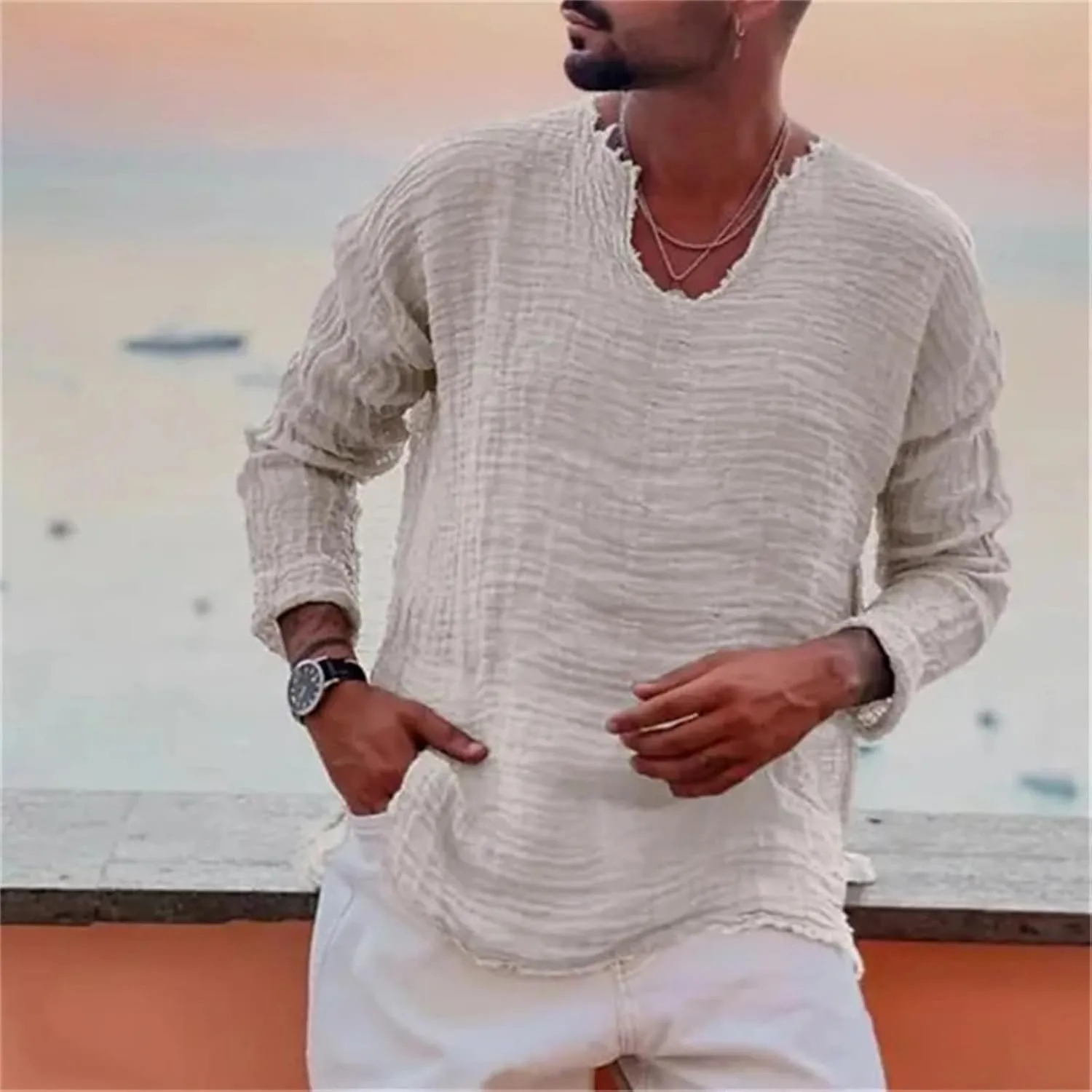 Mens Linen T-Shirt Casual Loose V-Neck Washed Long Sleeve Shirt Frayed Raw Edges Lightweight Beach Yoga Top