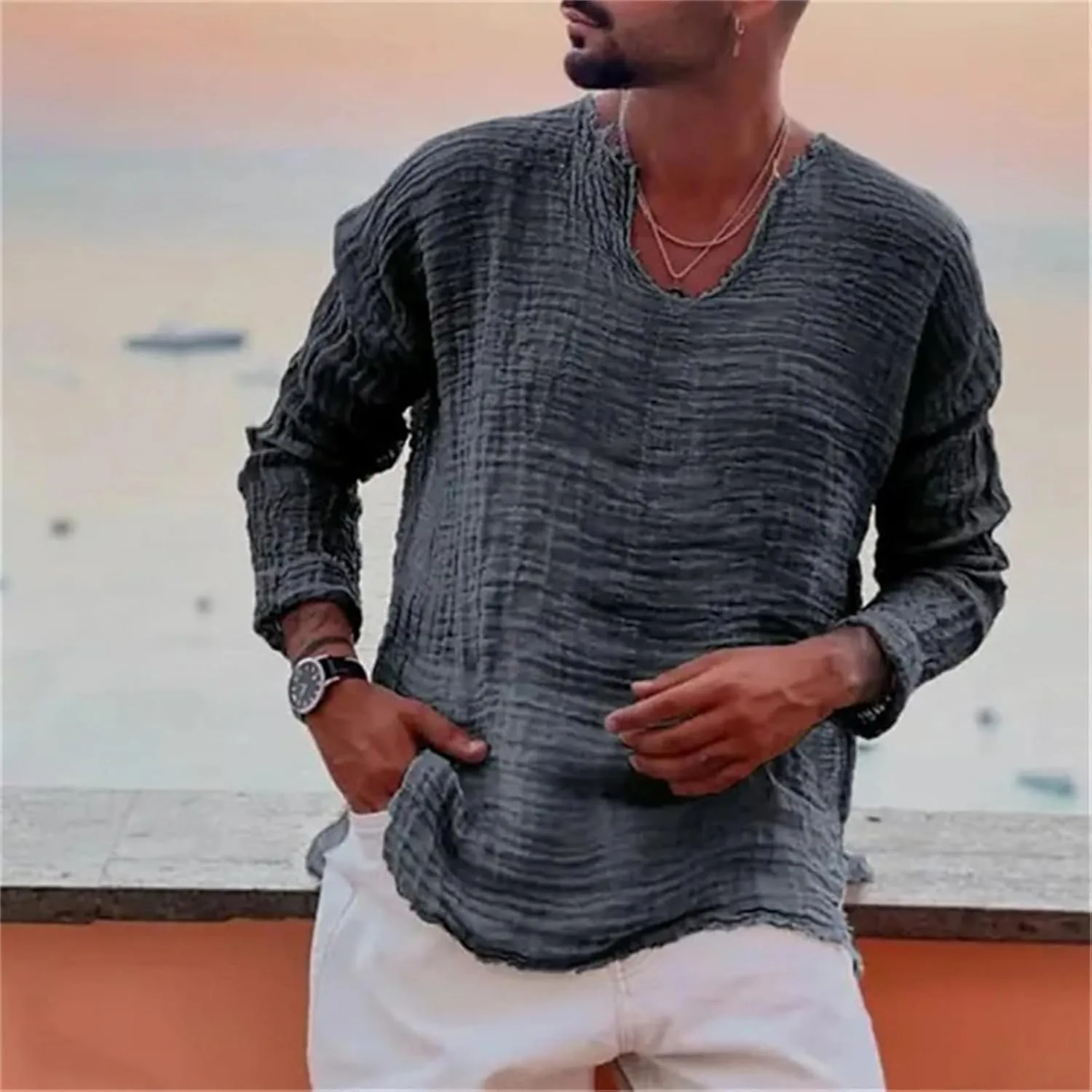 Mens Linen T-Shirt Casual Loose V-Neck Washed Long Sleeve Shirt Frayed Raw Edges Lightweight Beach Yoga Top