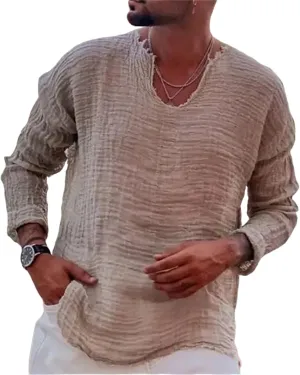 Mens Linen T-Shirt Casual Loose V-Neck Washed Long Sleeve Shirt Frayed Raw Edges Lightweight Beach Yoga Top