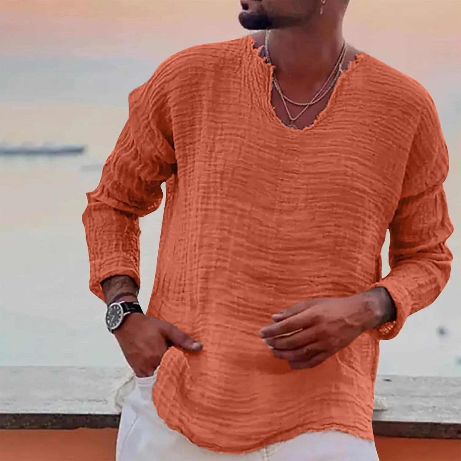 Mens Linen T-Shirt Casual Loose V-Neck Washed Long Sleeve Shirt Frayed Raw Edges Lightweight Beach Yoga Top
