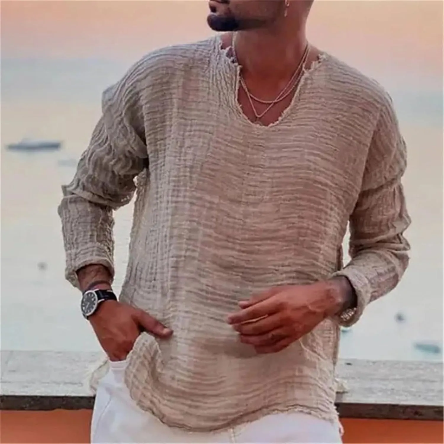 Mens Linen T-Shirt Casual Loose V-Neck Washed Long Sleeve Shirt Frayed Raw Edges Lightweight Beach Yoga Top