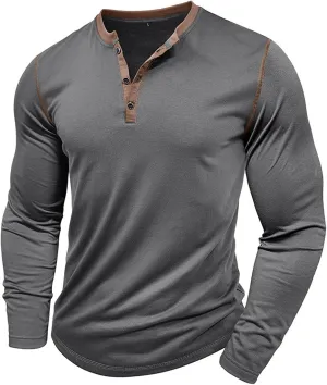 Mens Long Sleeve Muscle T Shirts Athletic Fit Henley Shirts Casual Button Crewneck Longline Gym Workout Tee Shirts