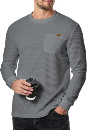 Men's Long Sleeve Shirt Casual Crewneck Lightweight Sweater Honeycomb Waffle Solid Knitted T Shirts with Pocket