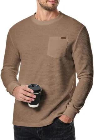 Men's Long Sleeve Shirt Casual Crewneck Lightweight Sweater Honeycomb Waffle Solid Knitted T Shirts with Pocket