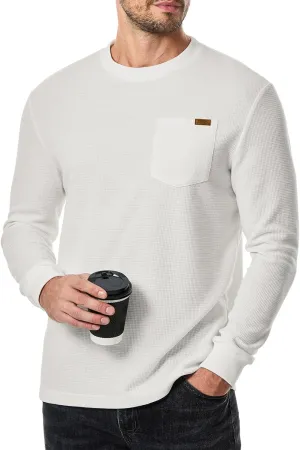 Men's Long Sleeve Shirt Casual Crewneck Lightweight Sweater Honeycomb Waffle Solid Knitted T Shirts with Pocket