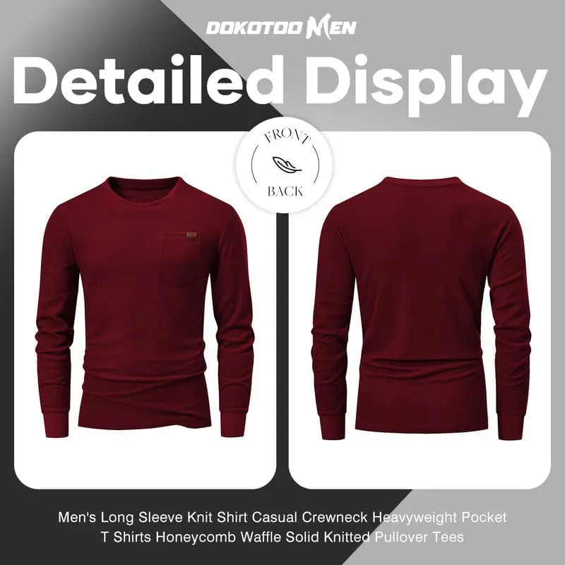 Men's Long Sleeve Shirt Casual Crewneck Lightweight Sweater Honeycomb Waffle Solid Knitted T Shirts with Pocket