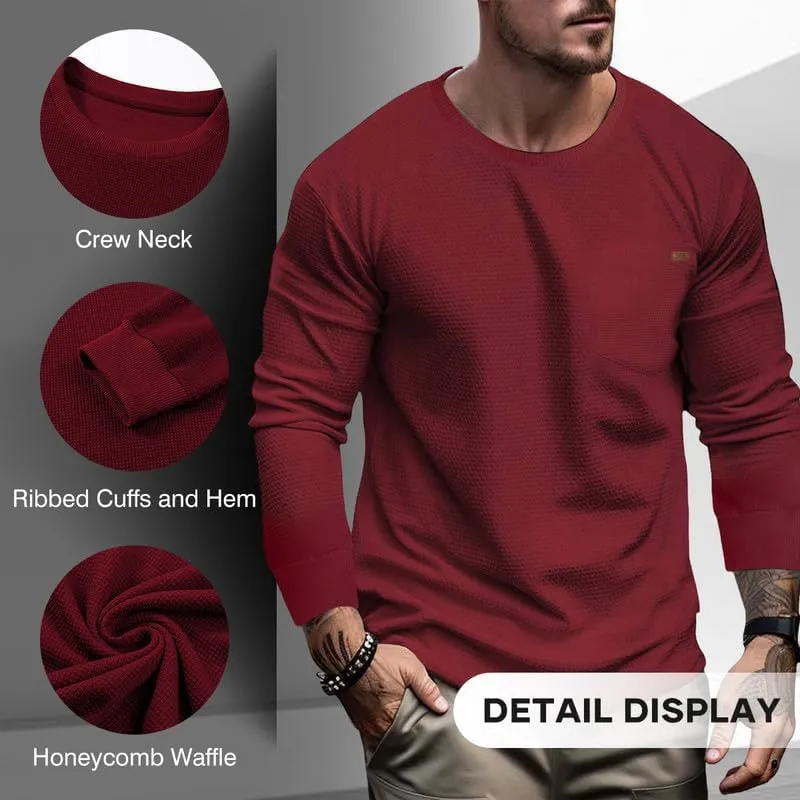 Men's Long Sleeve Shirt Casual Crewneck Lightweight Sweater Honeycomb Waffle Solid Knitted T Shirts with Pocket
