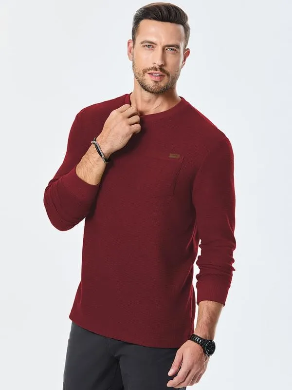 Men's Long Sleeve Shirt Casual Crewneck Lightweight Sweater Honeycomb Waffle Solid Knitted T Shirts with Pocket